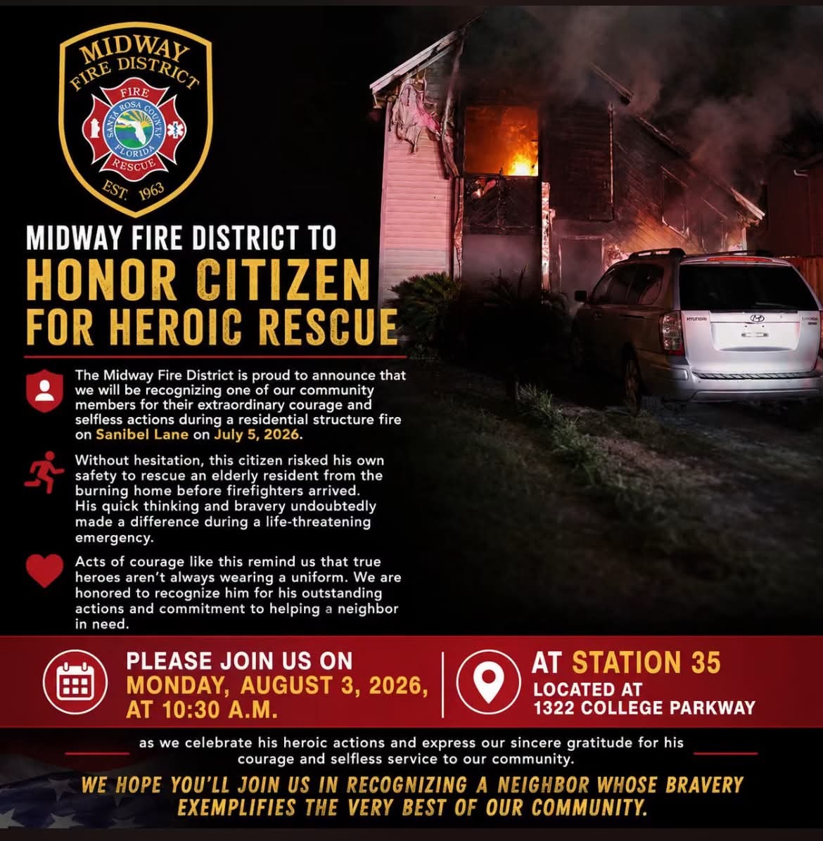 Midway Fire District recognition honoring a citizen for a heroic rescue